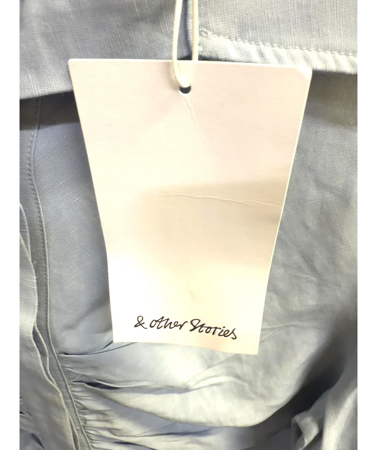 & OTHER STORIES Blue ruched front shirt mini dress, size UK S — detail