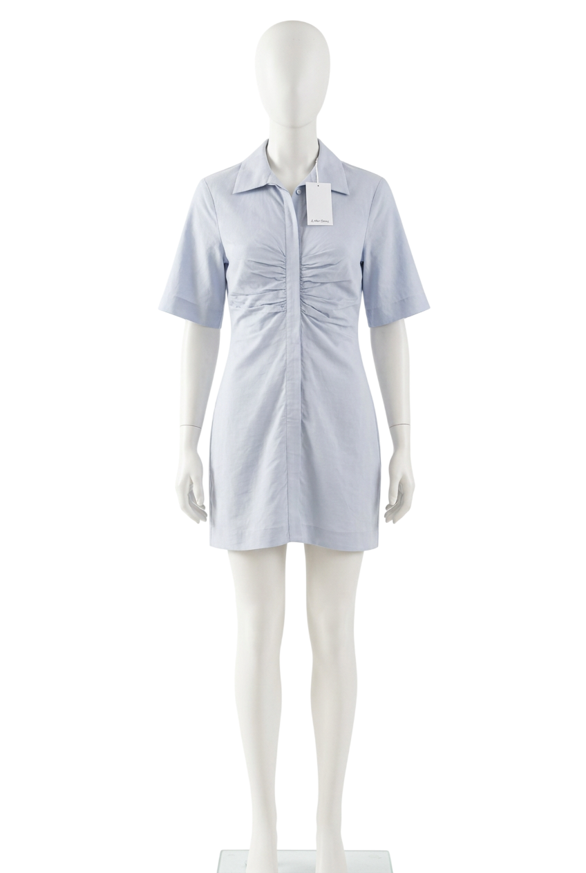 & Other Stories Ruched Linen Blend Shirt Mini Dress Blue UK S