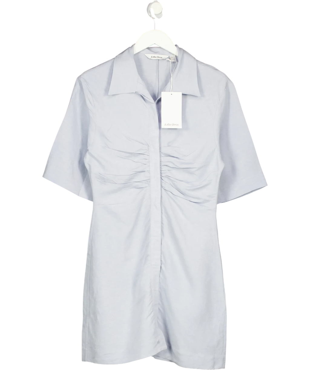 & OTHER STORIES Blue ruched front shirt mini dress, size UK S — front