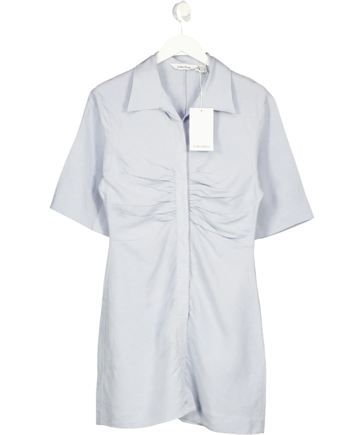& OTHER STORIES Blue ruched front shirt mini dress, size UK S — front