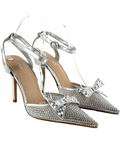 Coast silver Tiarna Embellished Mesh Bow High Stiletto Heel Pointed Courts, size UK 4 EU 37 👠 — front