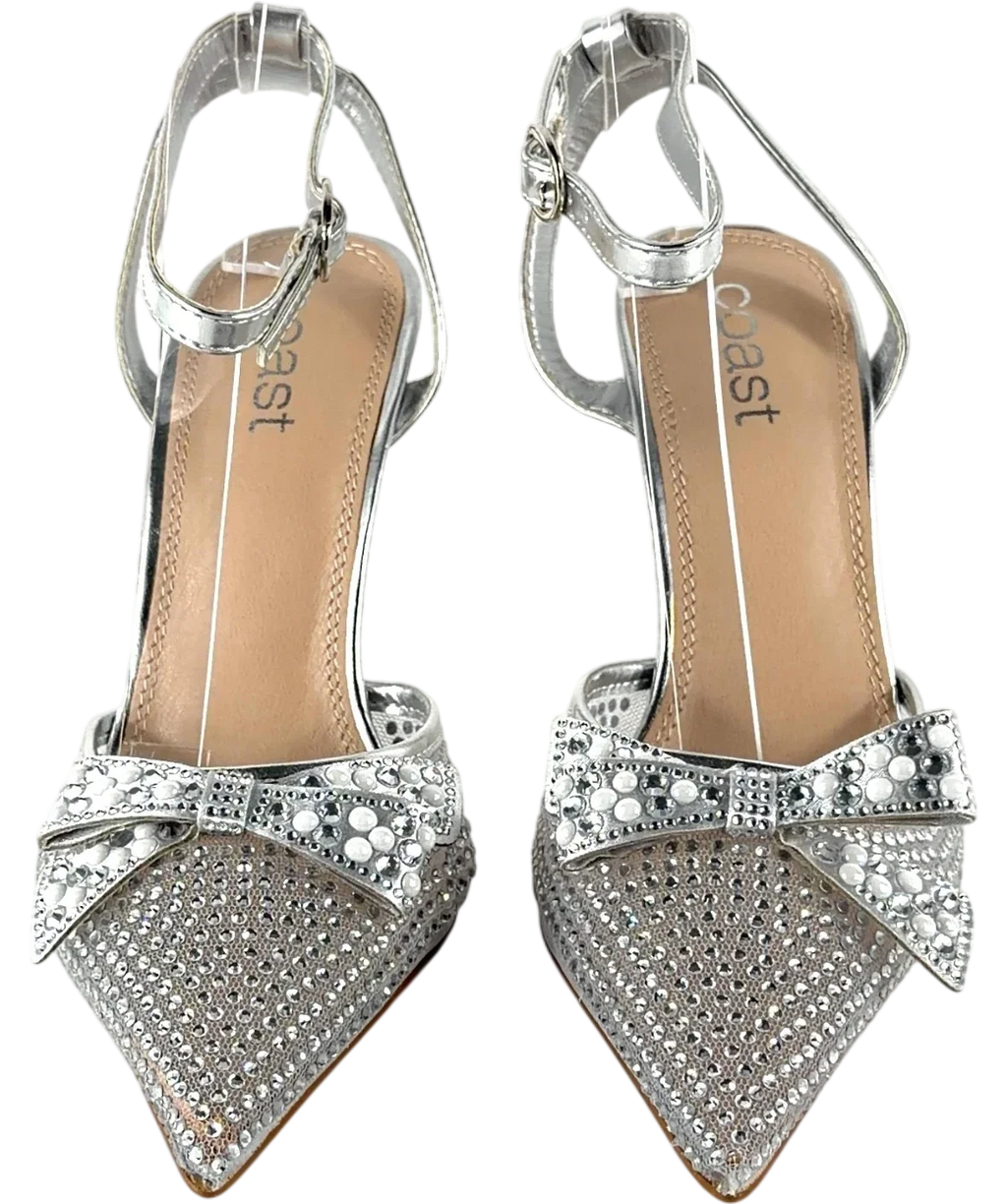 Coast silver Tiarna Embellished Mesh Bow High Stiletto Heel Pointed Courts, size UK 4 EU 37 👠 — detail