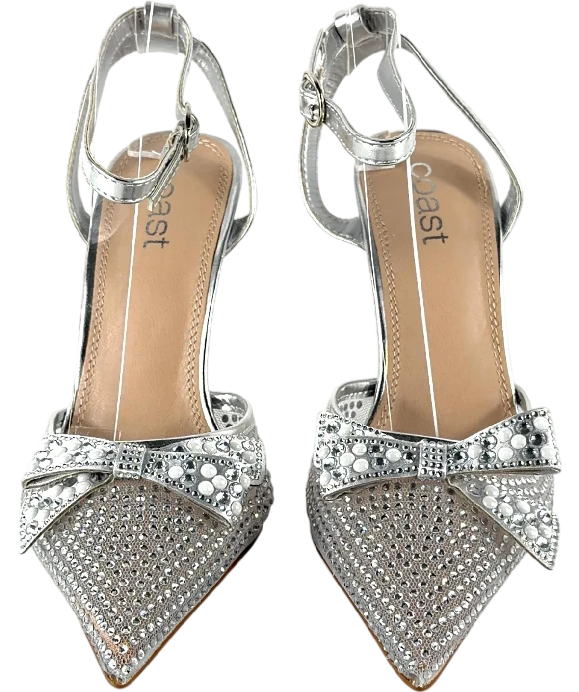 Coast silver Tiarna Embellished Mesh Bow High Stiletto Heel Pointed Courts, size UK 4 EU 37 👠 — detail