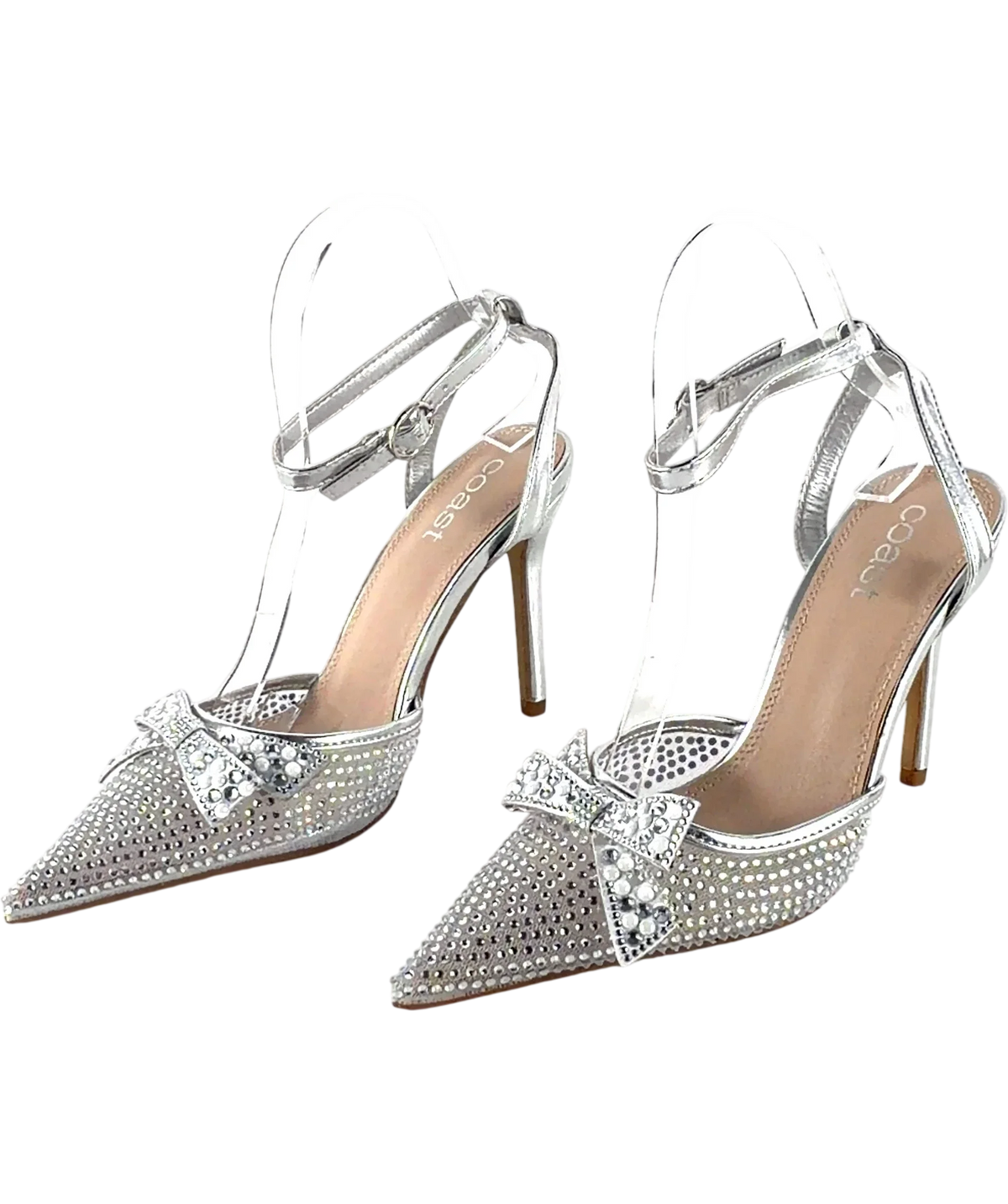 Coast silver Tiarna Embellished Mesh Bow High Stiletto Heel Pointed Courts, size UK 4 EU 37 👠 — label