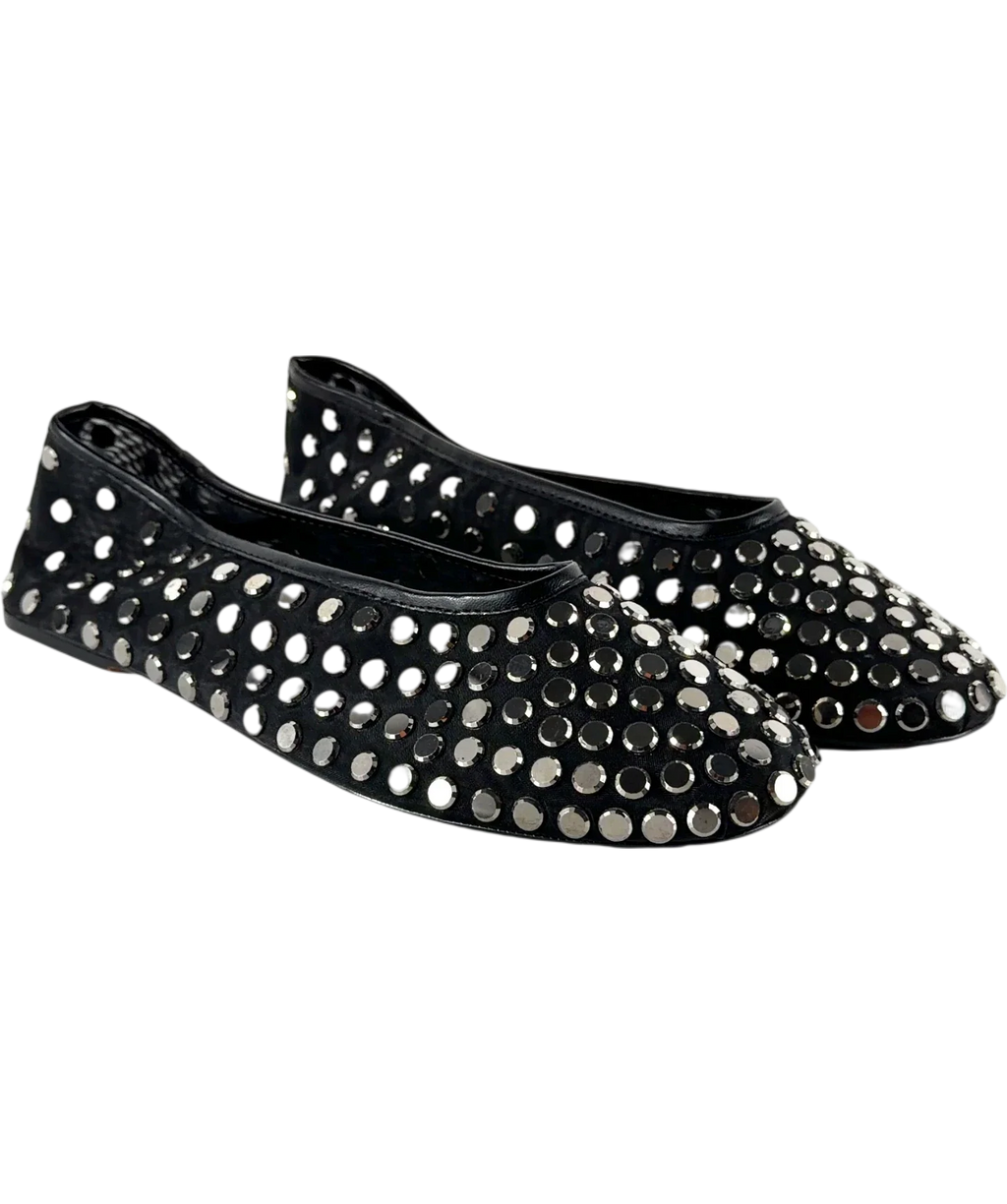 MNG Black Mesh Ballet Flats with Studs, size UK 8 — front