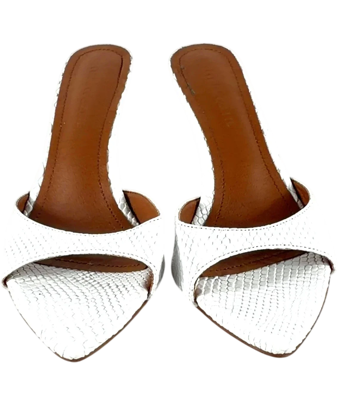 CULT OF COQUETTE White Gia White Reptile Vegan Mules 80 mm, size UK 6 EU 39 👠 — detail
