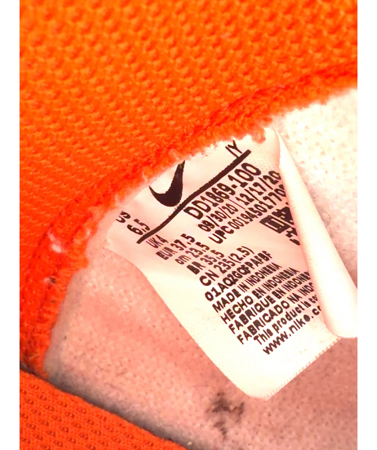 Nike Orange Dunk High "Syracuse", size UK 4 EU 37 👠 — fabric detail