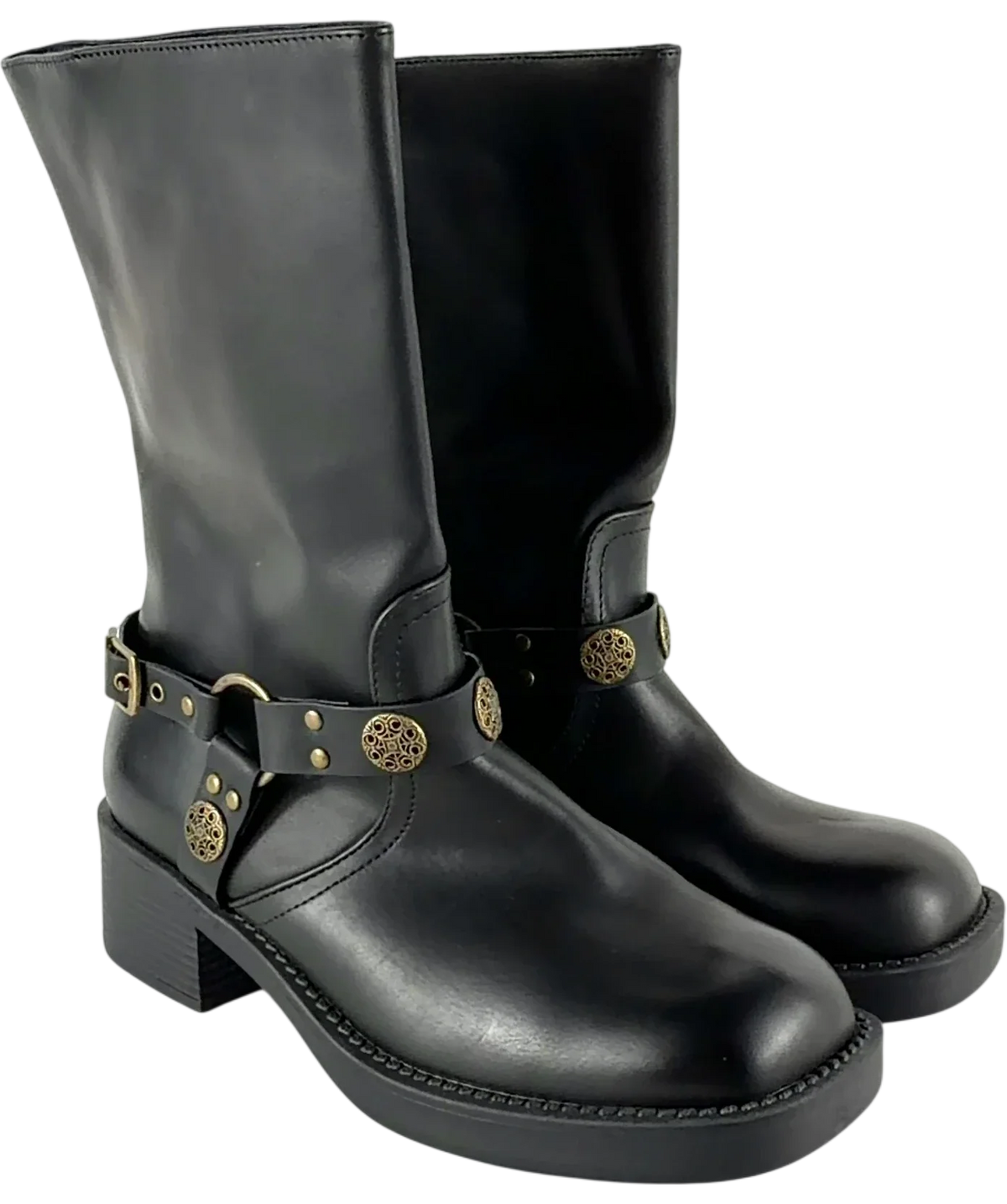 boohoo Black Hardware Harness Detail Biker Boots, size UK 5 EU 38 👠 — front