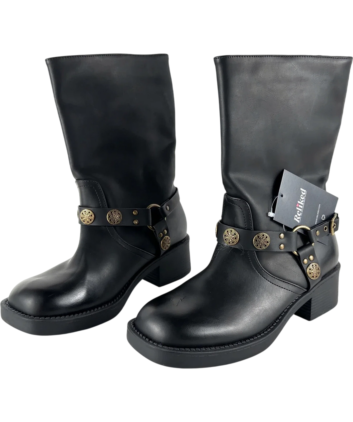 boohoo Black Hardware Harness Detail Biker Boots, size UK 5 EU 38 👠 — label