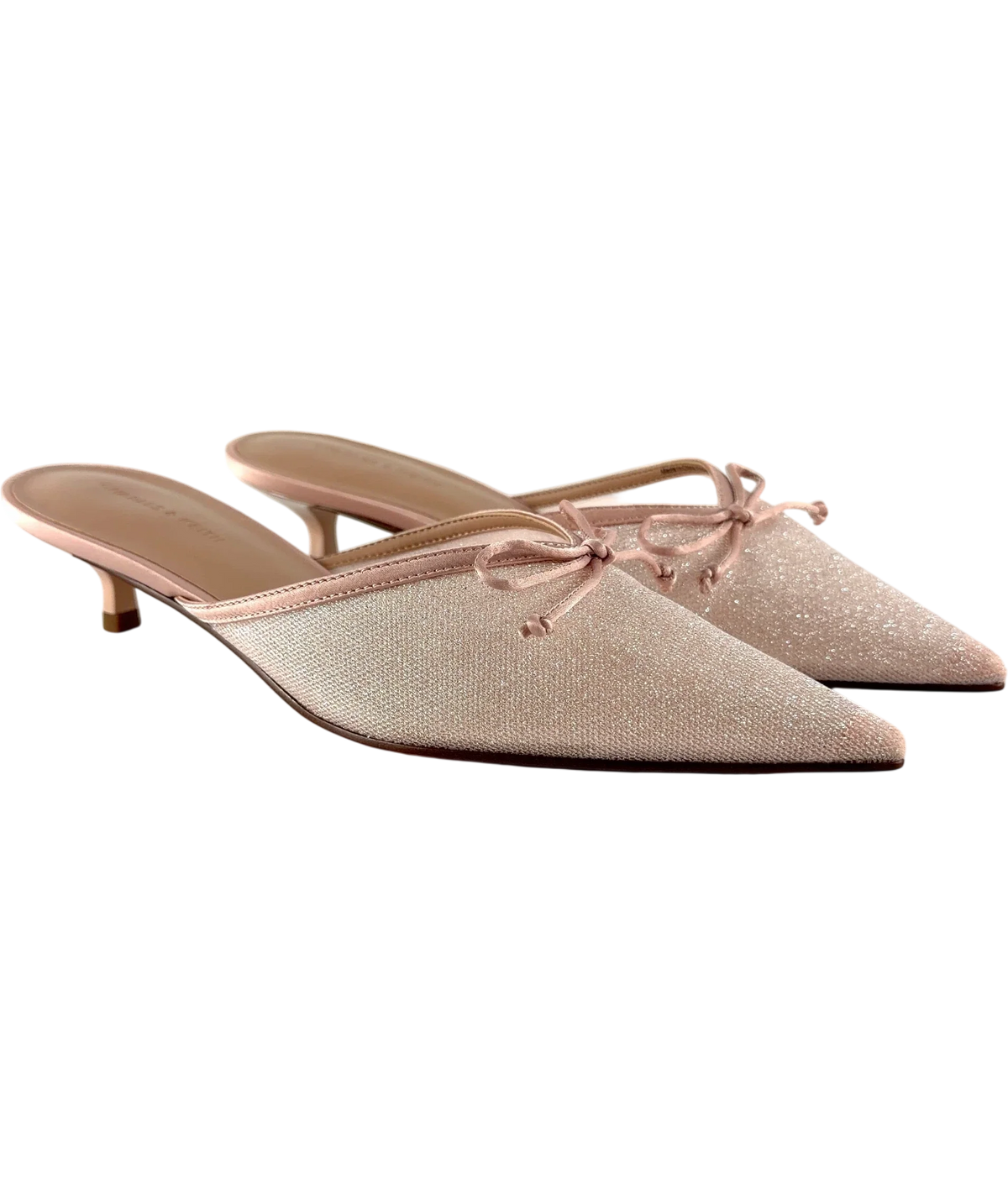 Charles & Keith Pink Pink Glittered Mesh Bow Kitten Heels, size UK 5 EU 38 👠 — front