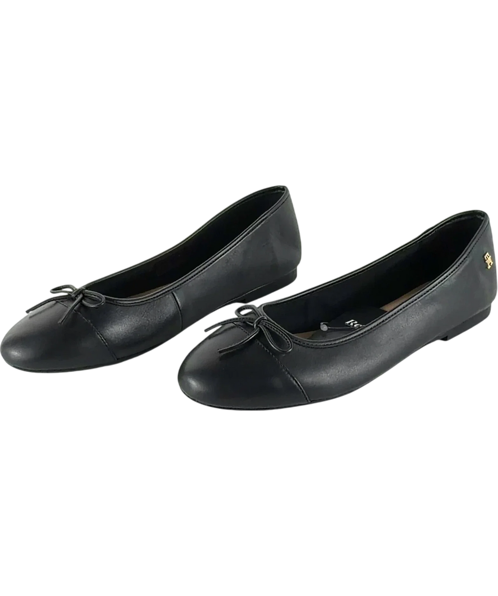 TOMMY HILFIGER Black TOE CAP LEATHER BALLERINA, size UK 7.5 EU 40.5 👠 — label