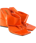 Ego Orange Augustine Orange Patent Thong Flared Heel Sandals, size UK 5 EU 38 👠 — front