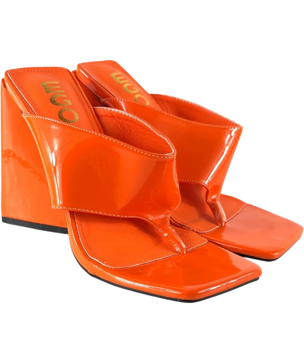 Ego Orange Augustine Orange Patent Thong Flared Heel Sandals, size UK 5 EU 38 👠 — front