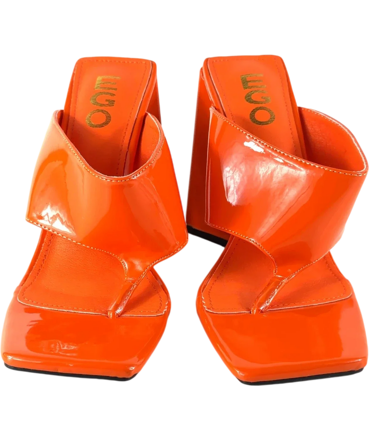 Ego Orange Augustine Orange Patent Thong Flared Heel Sandals, size UK 5 EU 38 👠 — detail