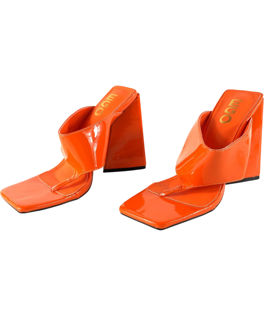 Ego Orange Augustine Orange Patent Thong Flared Heel Sandals, size UK 5 EU 38 👠 — label
