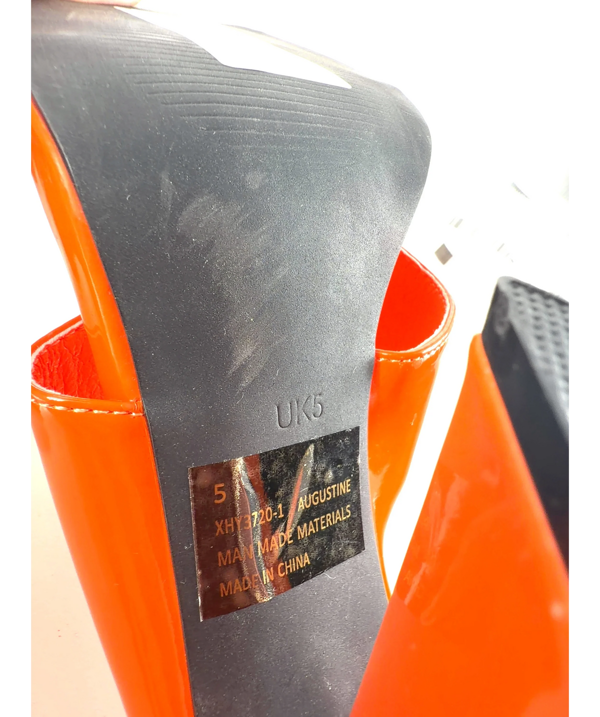 Ego Orange Augustine Orange Patent Thong Flared Heel Sandals, size UK 5 EU 38 👠 — fabric detail