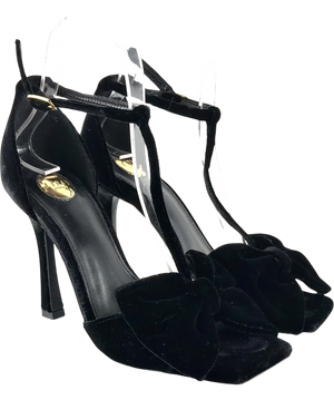 Lipsy Black Velvet Bow T-Bar Party Heeled Sandals UK 3