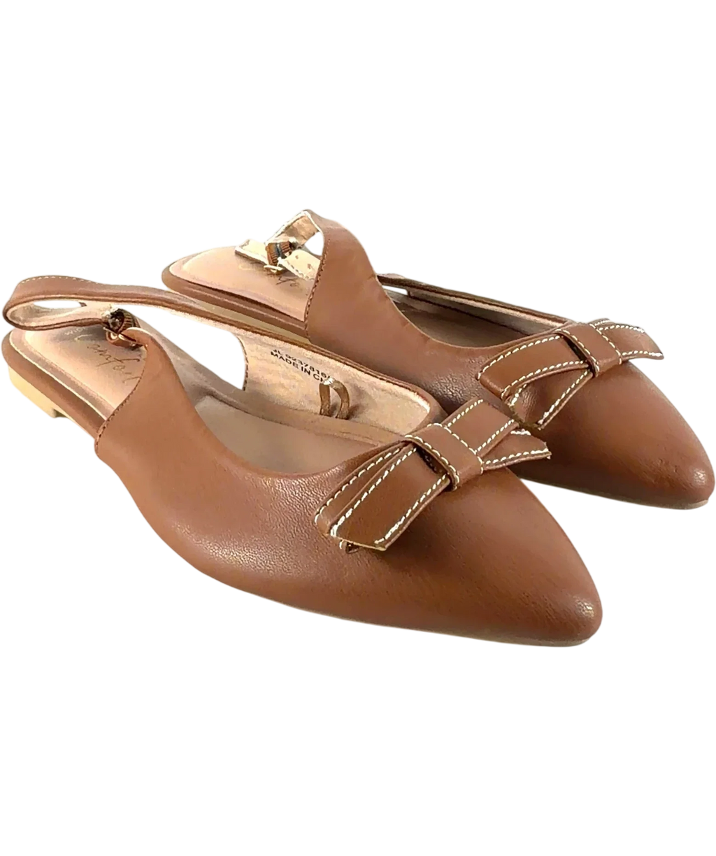 New Look Brown Wide Fit Tan Faux Leather Bow Front Slingback Flats, size UK 3 EU 36 👠 — front