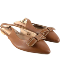 New Look Brown Wide Fit Tan Faux Leather Bow Front Slingback Flats, size UK 3 EU 36 👠 — front
