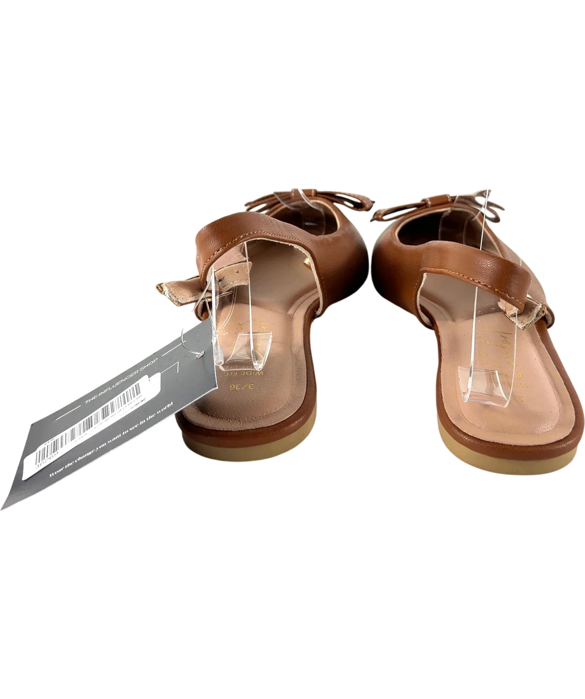 New Look Brown Wide Fit Tan Faux Leather Bow Front Slingback Flats, size UK 3 EU 36 👠 — back