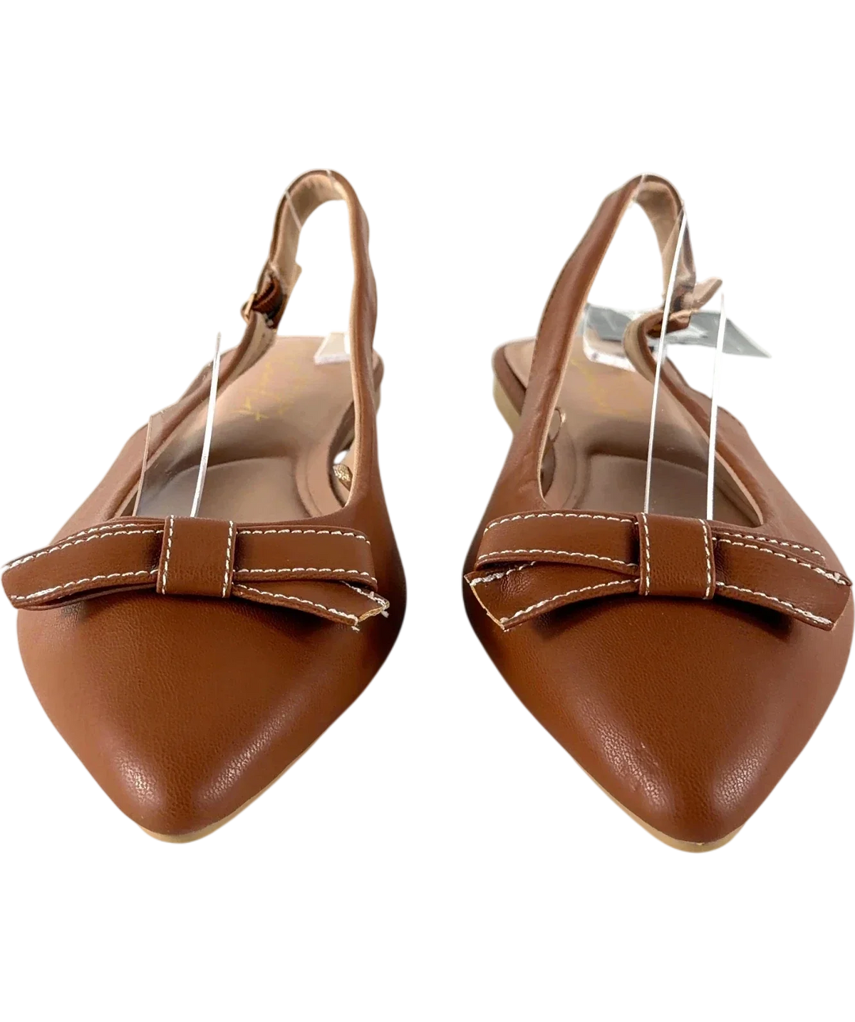New Look Brown Wide Fit Tan Faux Leather Bow Front Slingback Flats, size UK 3 EU 36 👠 — detail
