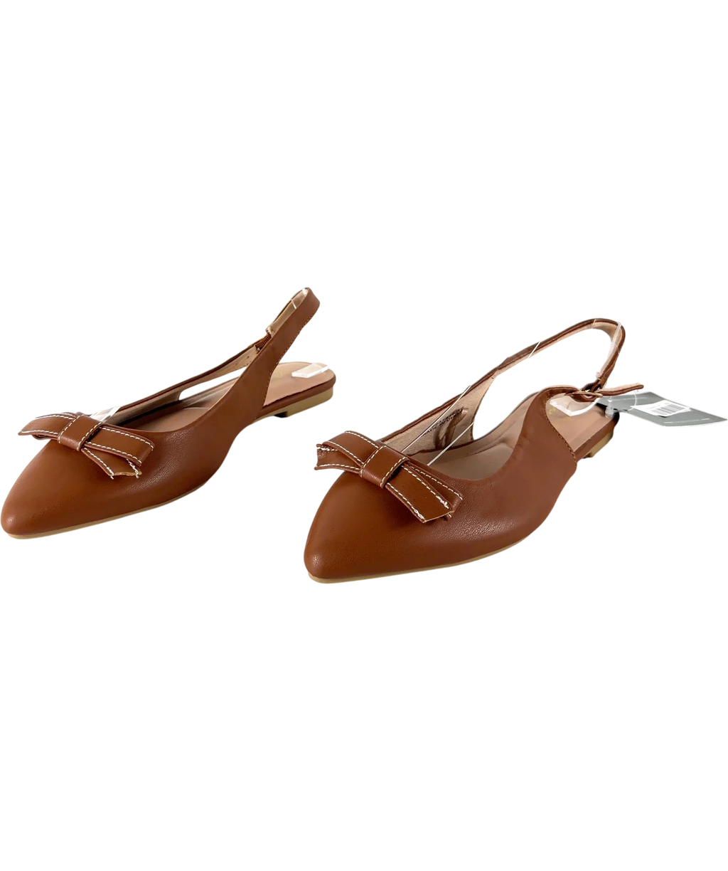 New Look Brown Wide Fit Tan Faux Leather Bow Front Slingback Flats, size UK 3 EU 36 👠 — label