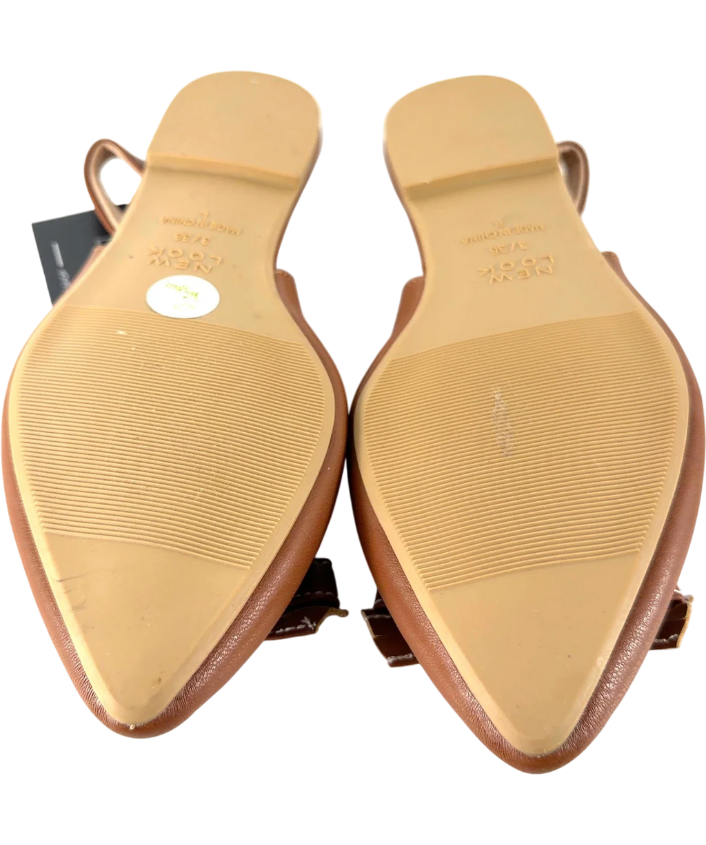 New Look Brown Wide Fit Tan Faux Leather Bow Front Slingback Flats, size UK 3 EU 36 👠 — view 8