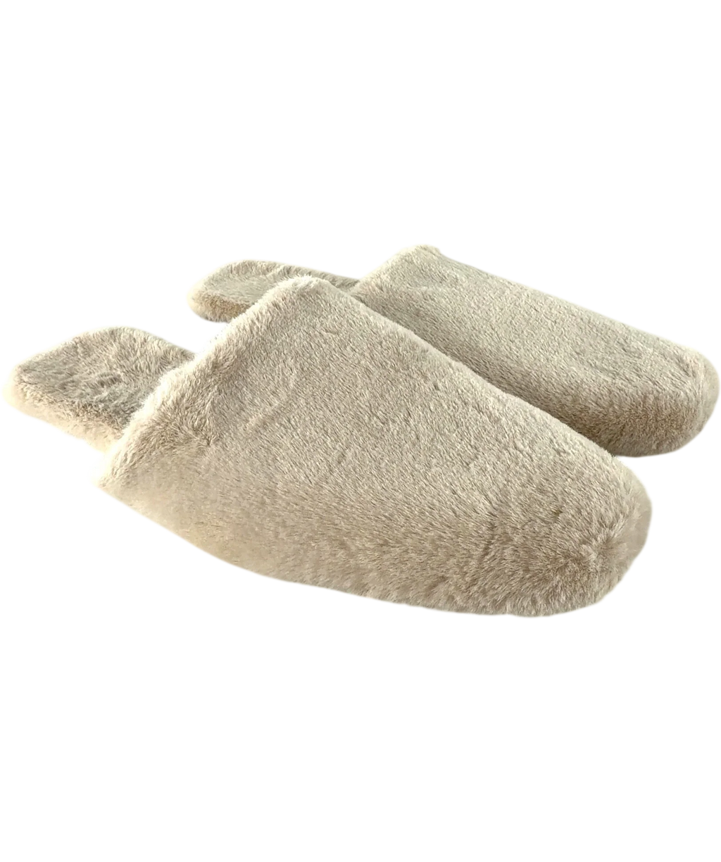 M&S Beige Faux Fur Back Tab Mule Slippers, size UK 8 EU 41 👠 — front