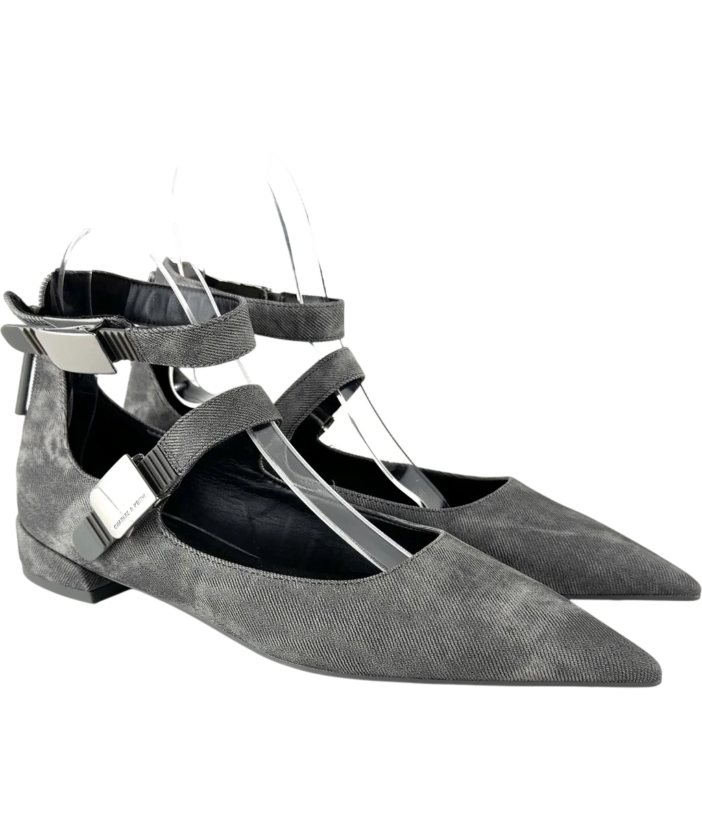 Charles & Keith Grey Robbie Denim-Effect Mary Jane Flats, size UK 3 EU 36 👠 — front