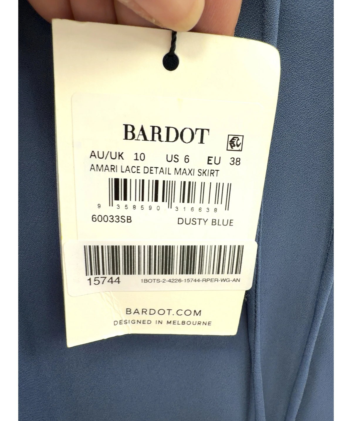 Bardot Blue Amari Lace Detail Maxi Skirt, size UK 10 — label