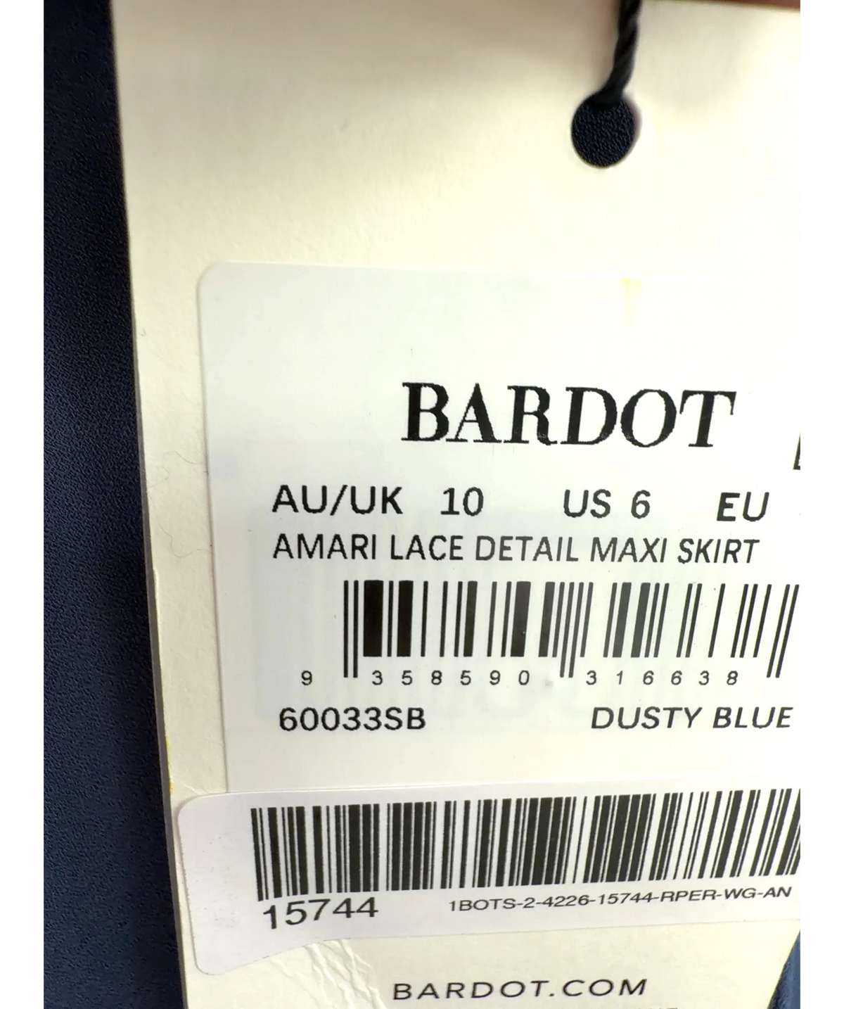 Bardot Blue Amari Lace Detail Maxi Skirt, size UK 10 — care label