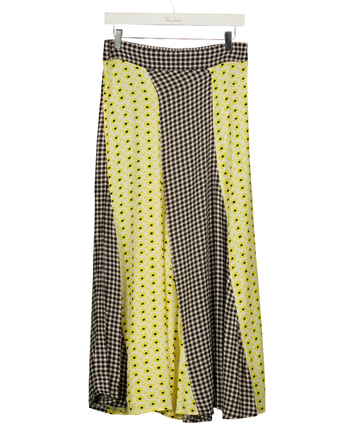 Ganni Yellow paneled printed crepe midi skirt UK S — Front