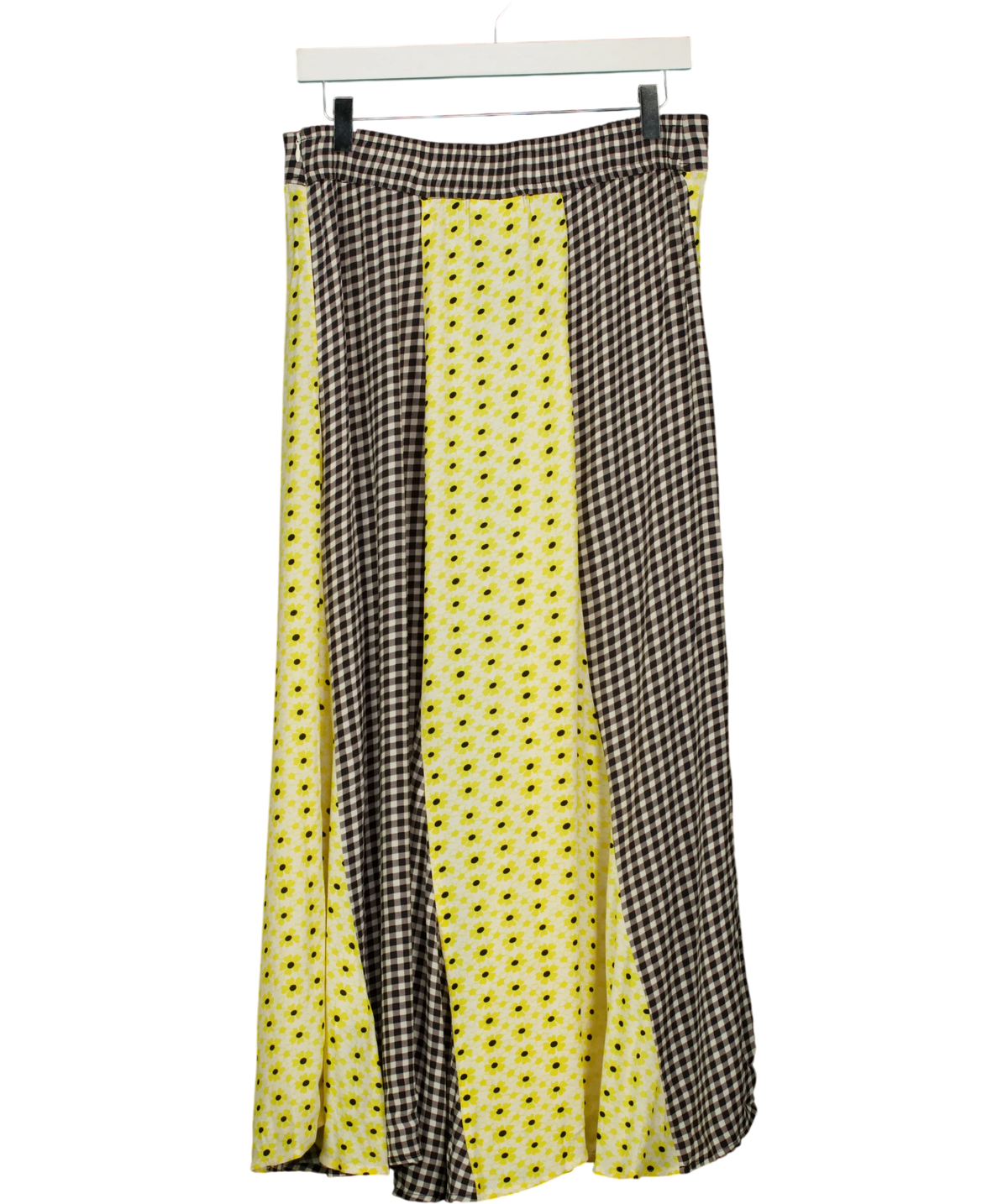 Ganni Yellow paneled printed crepe midi skirt UK S — Back