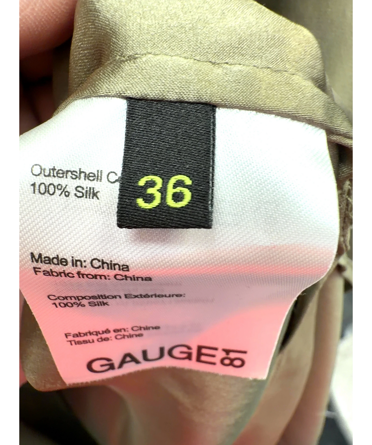Gauge81 olive green Sabinas Silk shirt, size UK 8 — care label