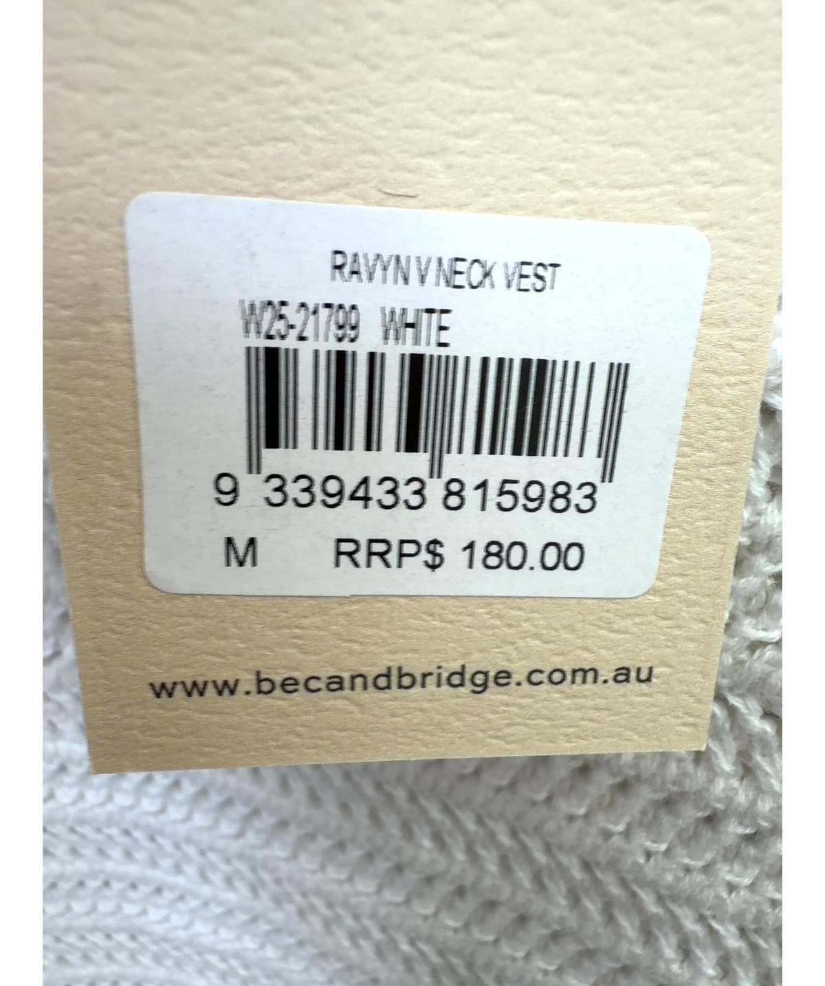 BEC+ BRIDGE White Ravyn V Neck Vest, size UK M — care label