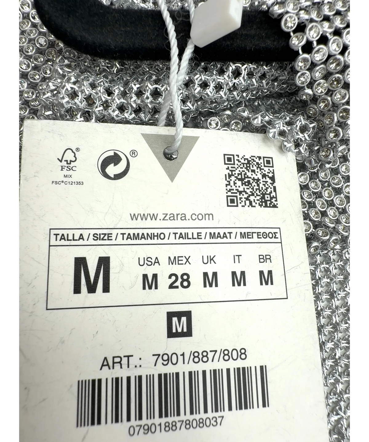 ZARA silver rhinestone mesh crop top, size UK M — care label