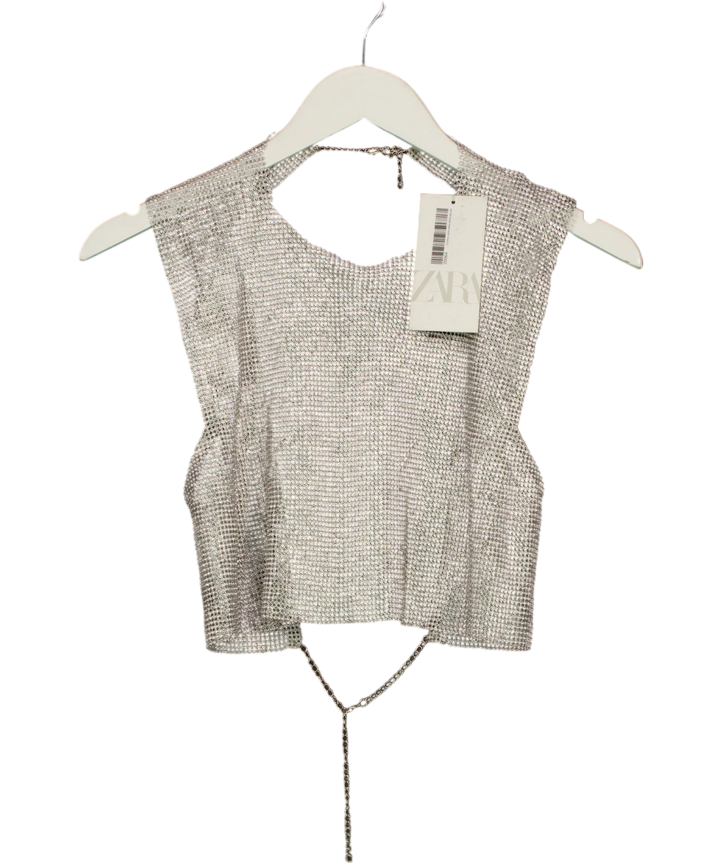 ZARA silver rhinestone mesh crop top, size UK M — front