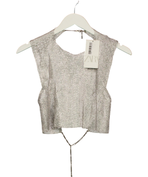 Zara Rhinestone Mesh Crop Top Metallic UK M