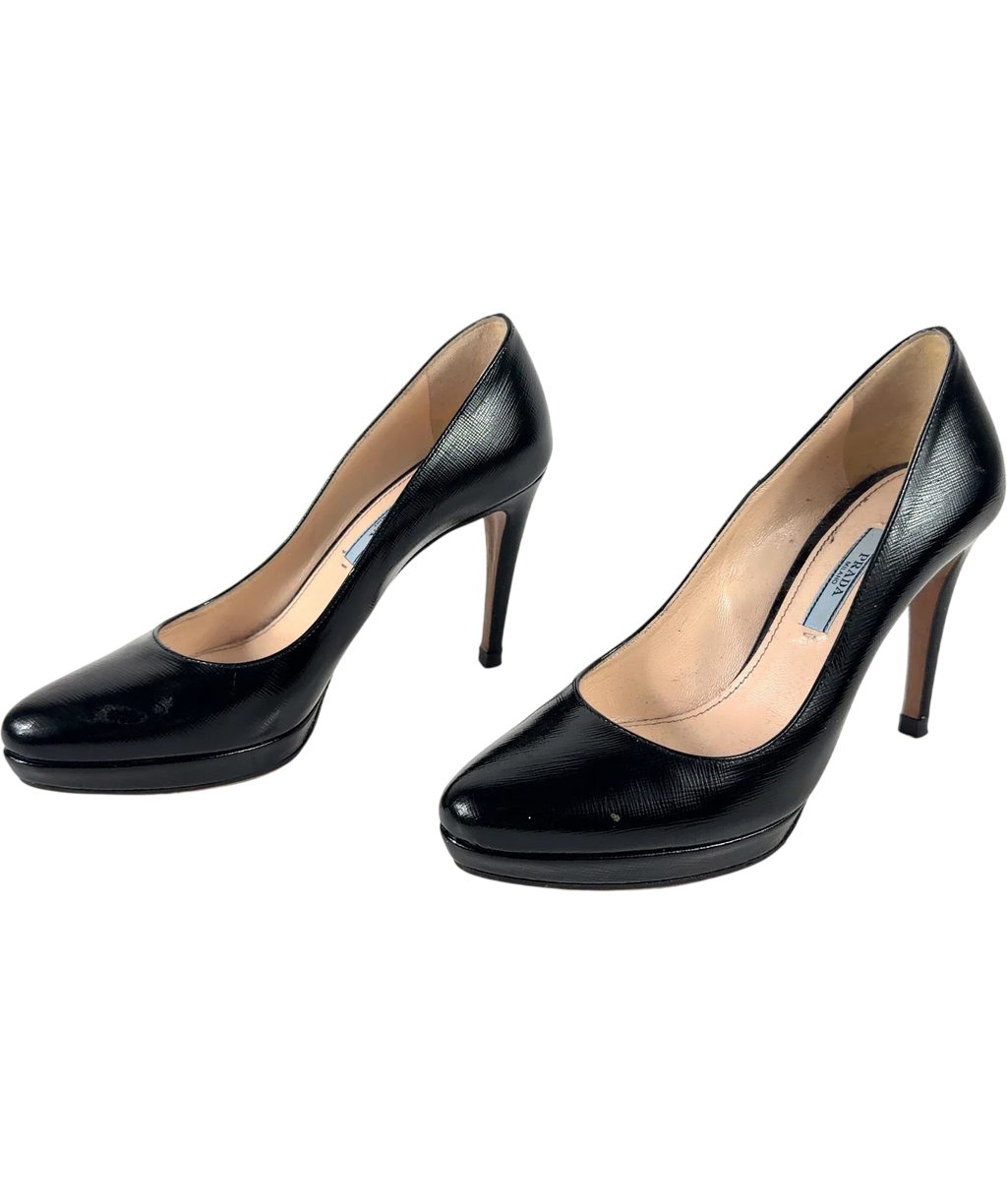 Prada Black Saffiano Leather Platform Pumps, size UK 4 EU 37 👠 — label
