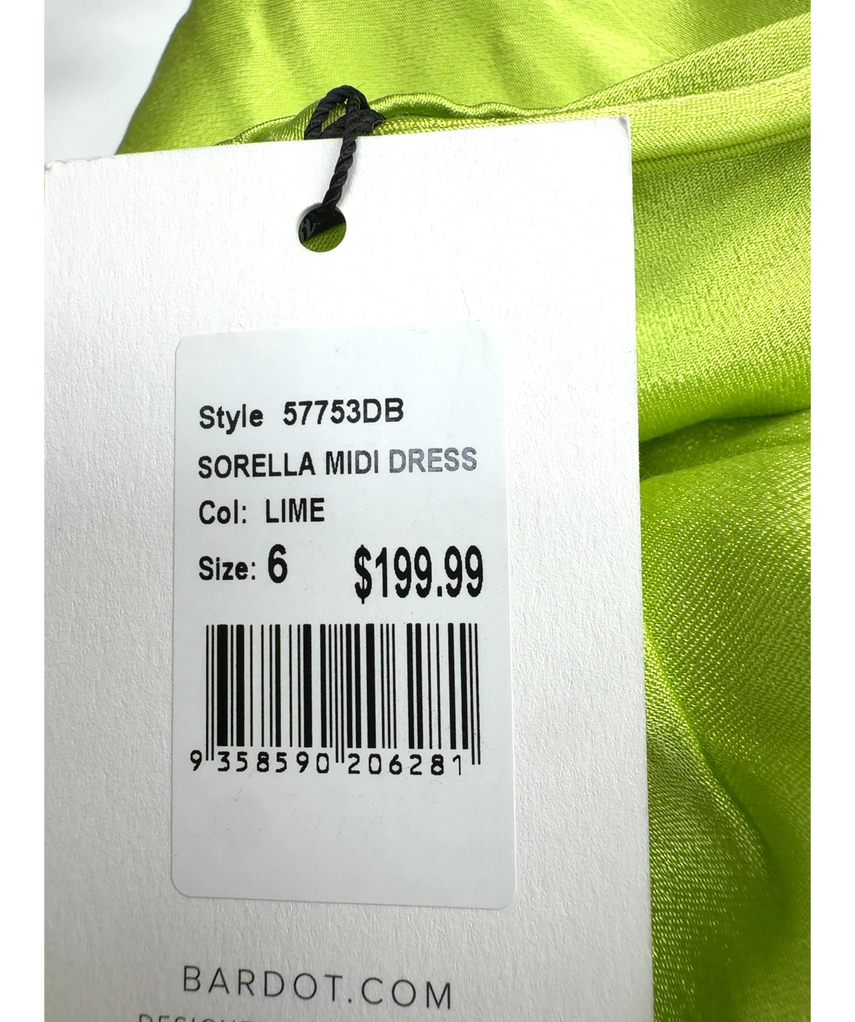 Bardot lime green SORELLA MIDI DRESS, size UK 6 — care label