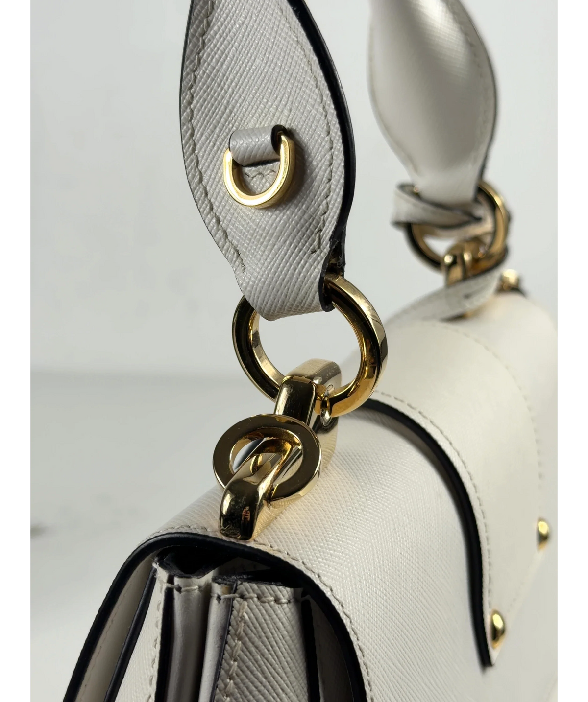 Prada White Saffiano Lux Sidonie Top Handle Bag — fabric detail