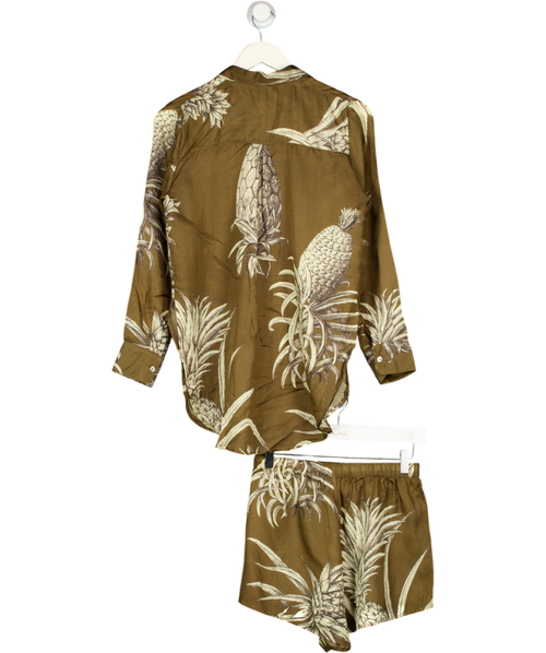 AGUACLARA 2-piece Olive Green Cotton / Silk Blend Botanical Print Shirt (uk S) And Shorts (uk M)  Set UK S/M