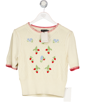 NOBODY'S CHILD Cream Strawberry Embroidered Knitted T-shirt UK S
