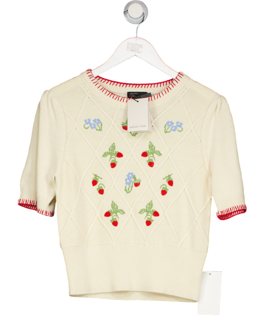 NOBODY'S CHILD Cream Strawberry Embroidered Knitted T-shirt UK S