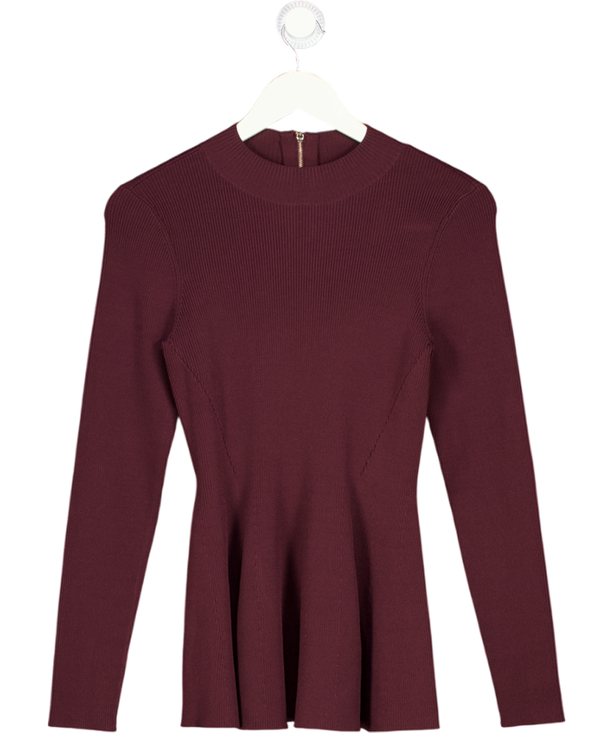 REISS Florere Burgundy Red Rib Knit Detail Peplum Jumper UK 10