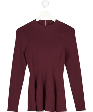 REISS Florere Burgundy Red Rib Knit Detail Peplum Jumper UK 10