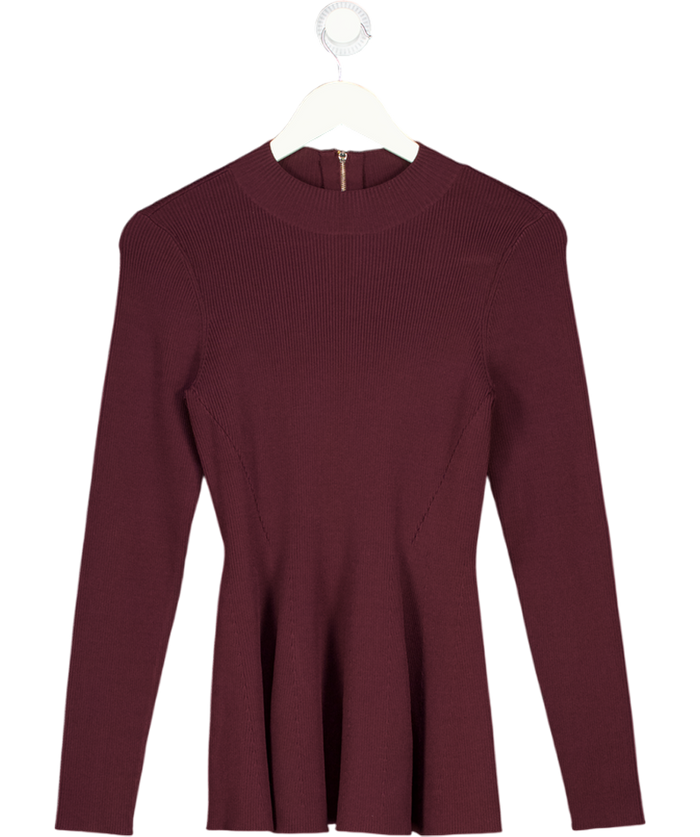 REISS Florere Burgundy Red Rib Knit Detail Peplum Jumper UK 10