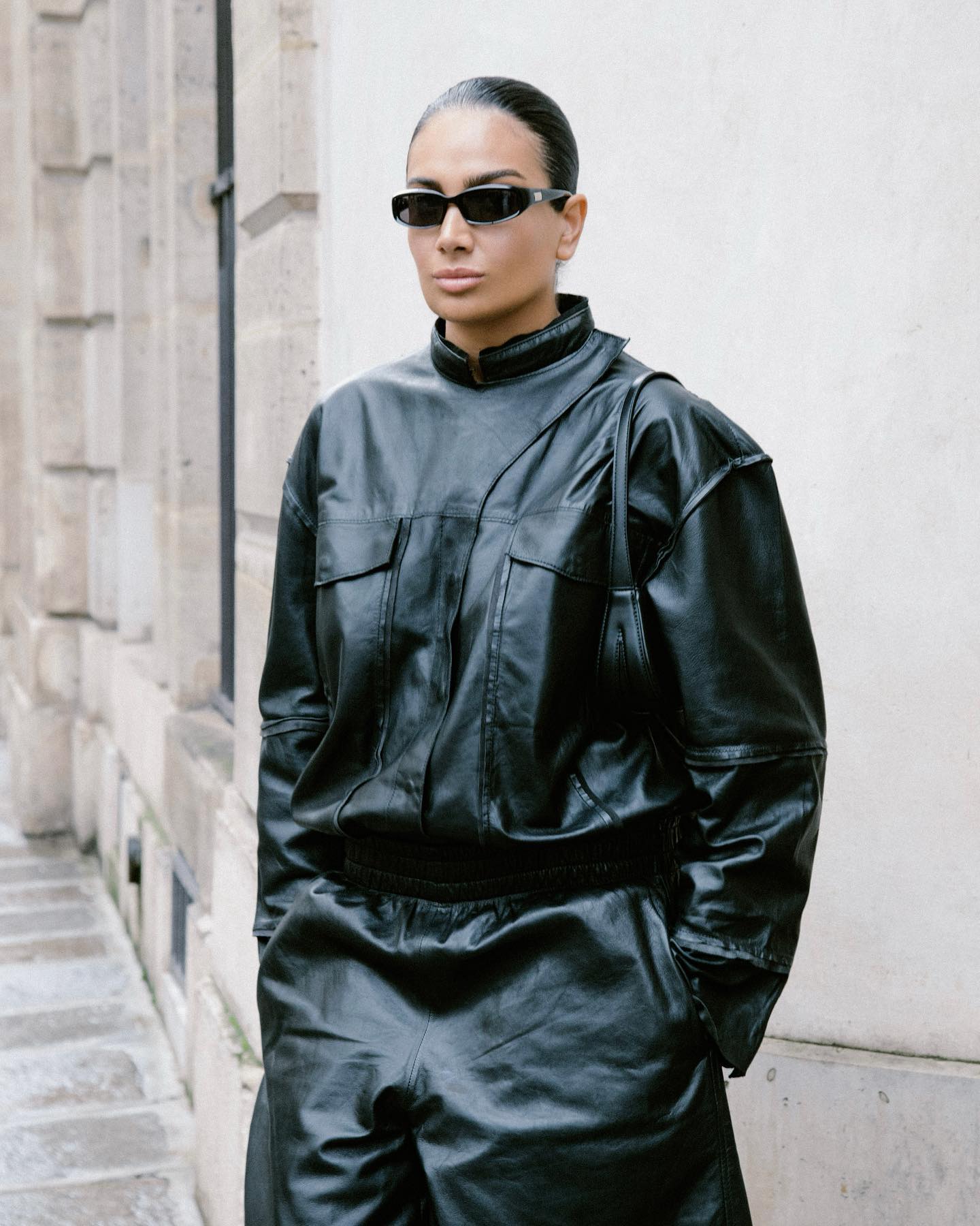 H&M Black Sleek Leather Bomber Jacket UK L