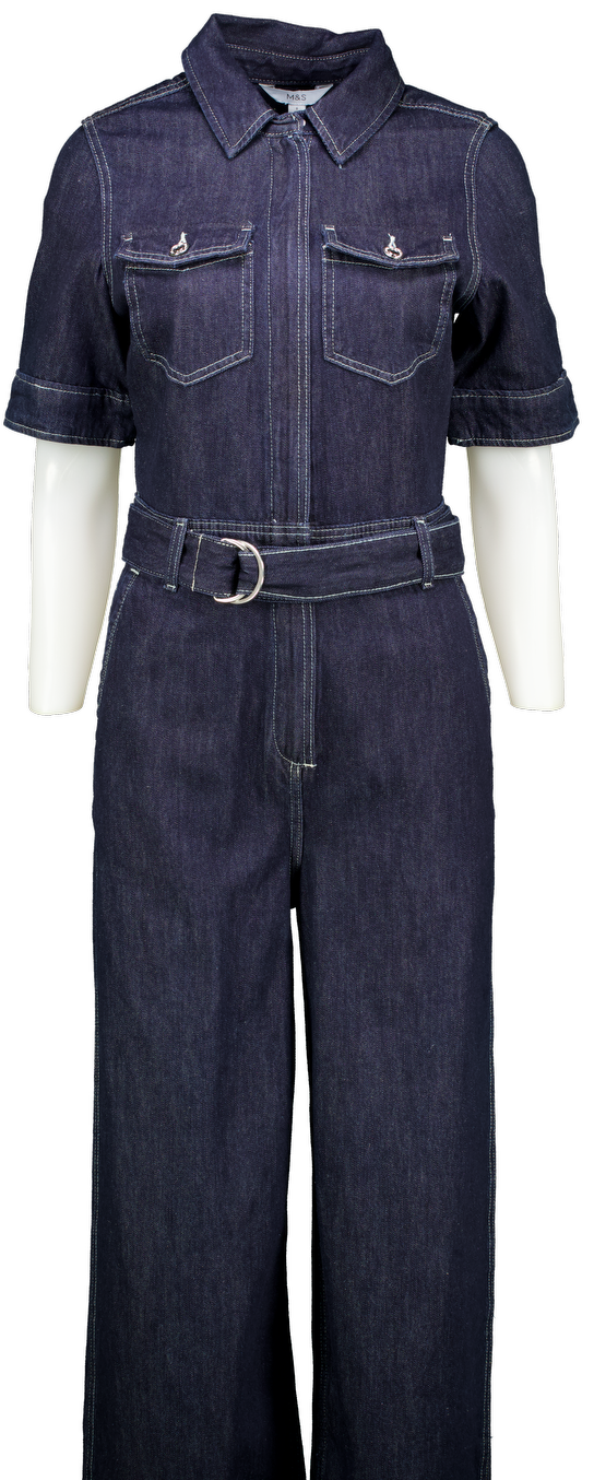 M&S Blue Denim Belted Wide Leg Utility Jumpsuit UK 8