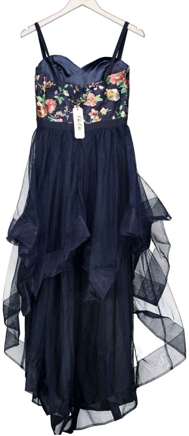 Chi Chi London Blue Embroidered Mesh Dip Hem Dress UK 10
